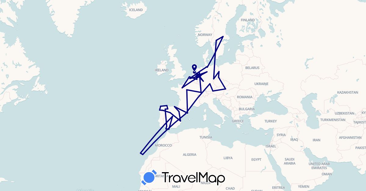 TravelMap itinerary: driving in Austria, Belgium, Switzerland, Germany, Spain, France, Netherlands, Sweden, Slovakia (Europe)